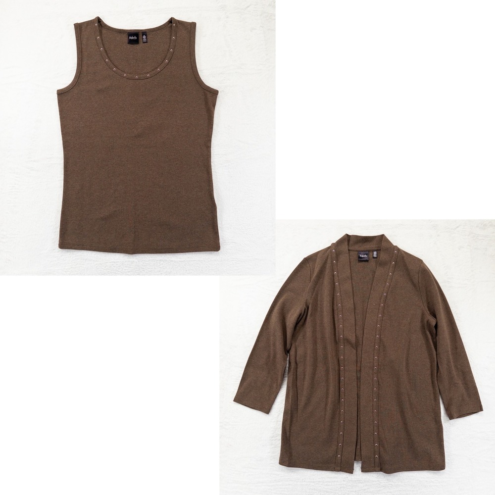 Rafaella Womens Cardigan Tank Set Small Brown Studded Twin Set 2 Piece Knit Top